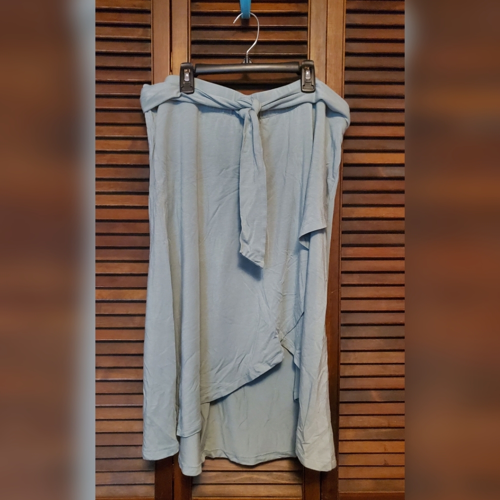 GAP Maternity Skirt L Blue Green Seafoam Belt Asymmetrical Slit Midi High Low